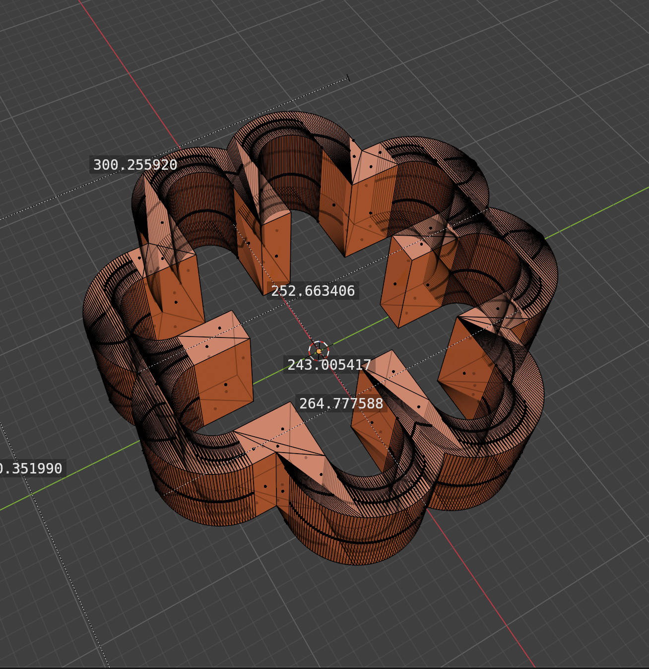 Perspective view of the Monad 3D model in Blender, showing its orange mesh and dimensions on a technical grid.